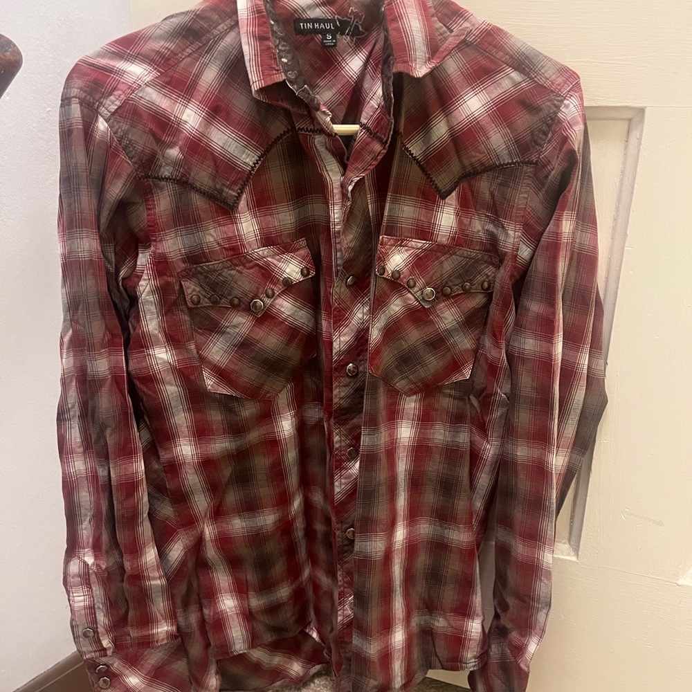 Tin Haul Red, Brown & White Snap-Up Plaid Shirt